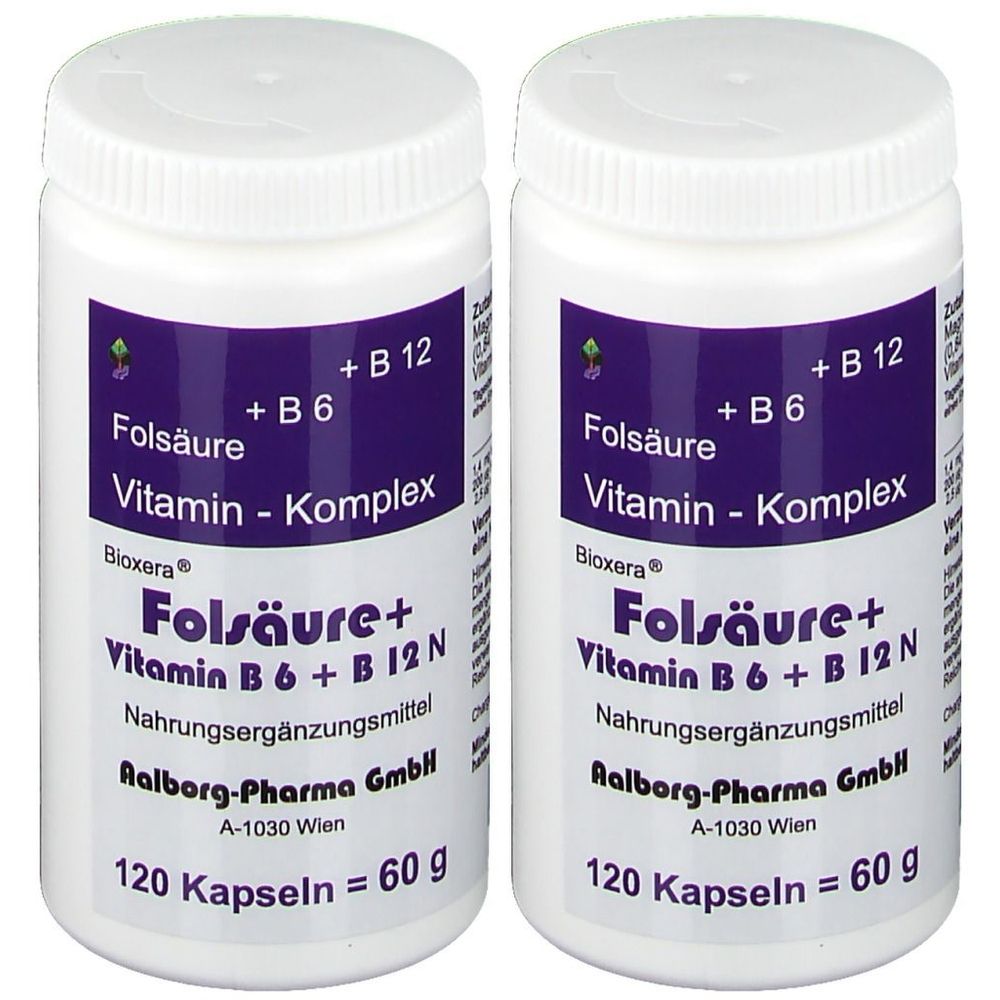 Zwei weiße Flaschen mit lila Etiketten. Aufschrift: Folsäure + Vitamin B6 + B12 N. 120 Kapseln. Marke: Bioxera.