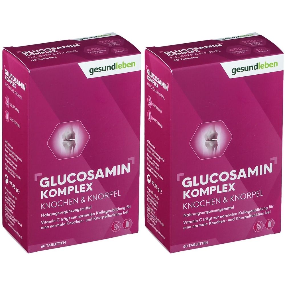 Zwei rechteckige Schachteln mit der Aufschrift GLUCOSAMIN KOMPLEX. Aufschrift gesundleben. Knochen & Knorpel. 60 Tabletten.