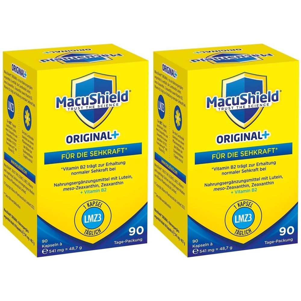 Zwei gelbe Schachteln mit der Aufschrift MacuShield ORIGINAL+. Enthält 90 Kapseln. Aufschrift: Für die Sehkraft. Mit Vitamin B2.