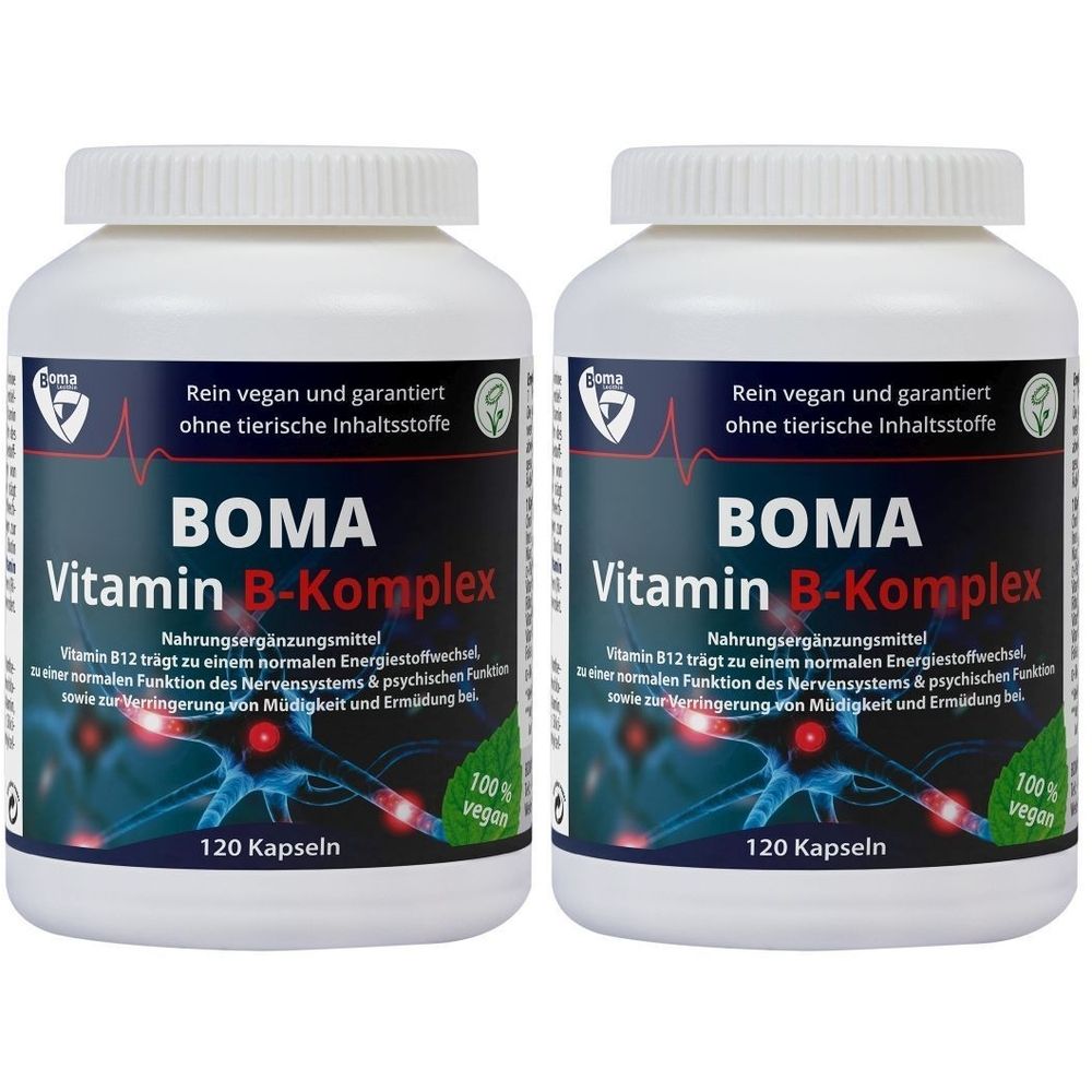 Zwei weiße Flaschen mit BOMA Vitamin B-Komplex. Aufschrift: Rein vegan, 120 Kapseln. Grün-blaue Etiketten mit Produktinformationen.