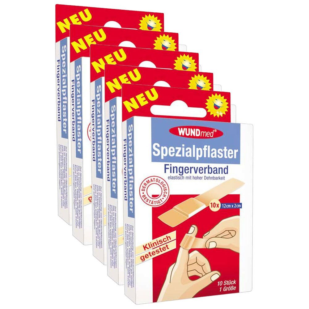 Mehrere Packungen WUNDmed Spezialpflaster Fingerverband. Verpackung mit rotem und weißem Design. Aufdruck: 10x12cmx2cm, 10 Stück.