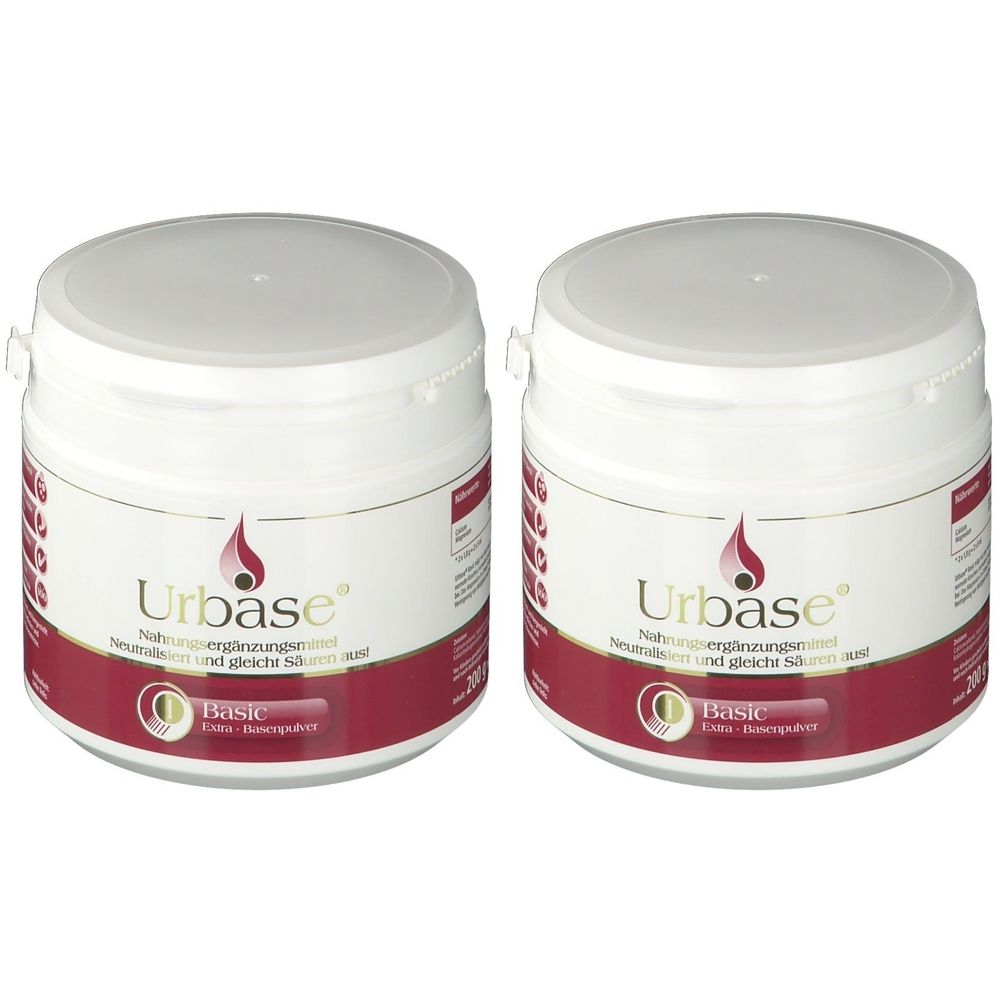 Zwei weiße Dosen mit Deckel. Aufschrift Urbase, roter Streifen mit Text und Logo. Basic, Basenpulver.