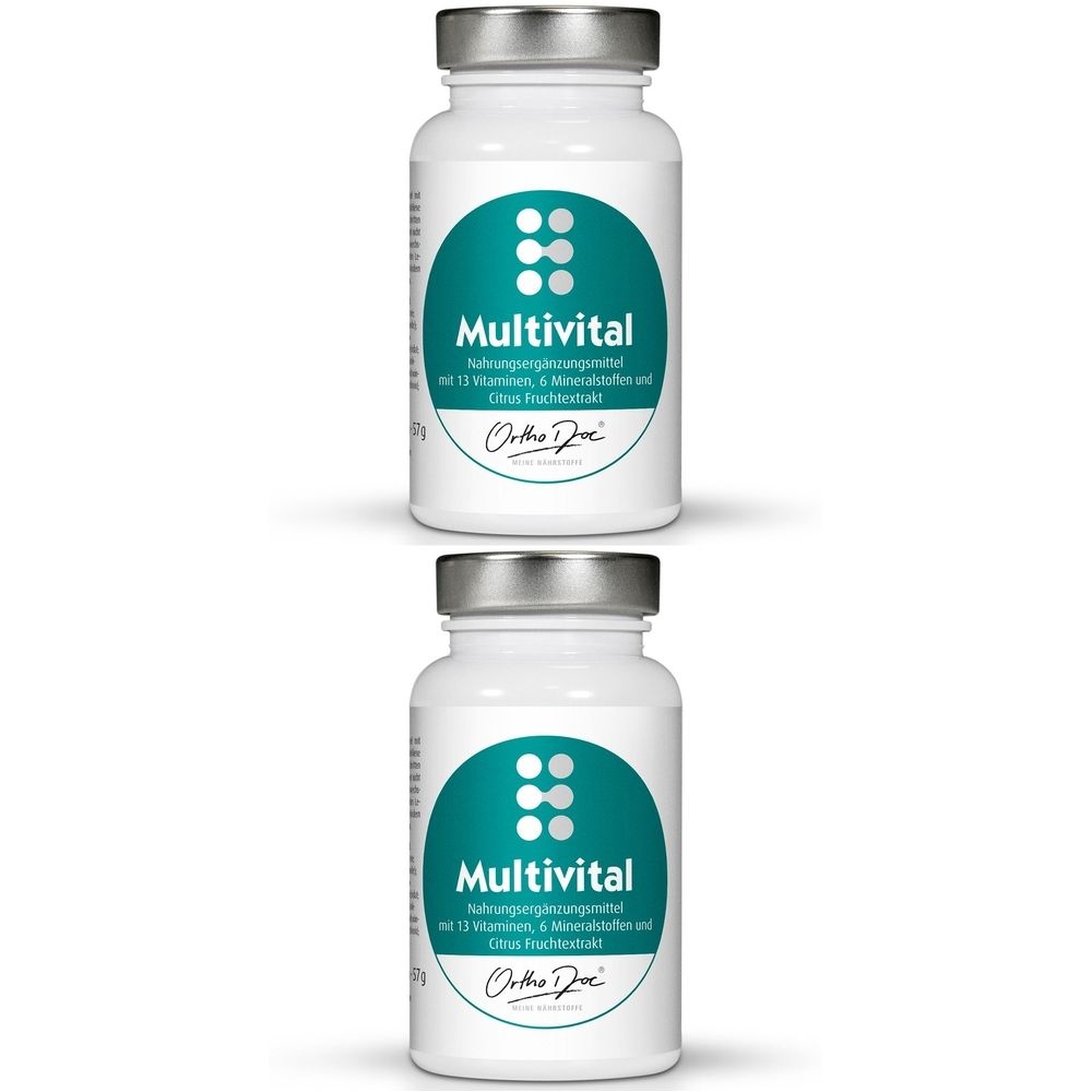 Zwei weiße Flaschen mit silbernen Deckeln. Auf jeder Flasche befindet sich ein grünes Etikett mit der Aufschrift "Multivital" und "Ortho Doc".
