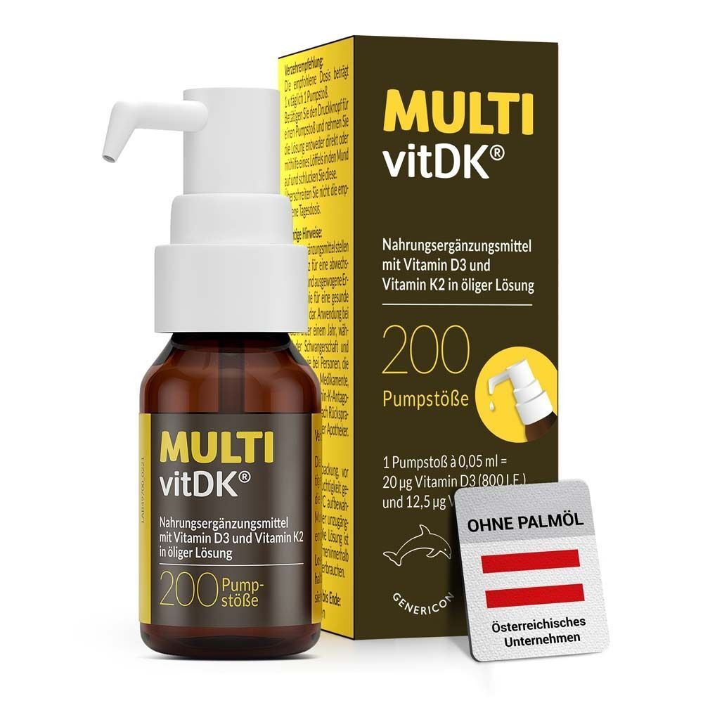 MULTI vitDK® Flasche mit Pumpspender und Faltschachtel, 200 Pumpstöße, Nahrungsergänzungsmittel mit Vitamin D3 und K2.