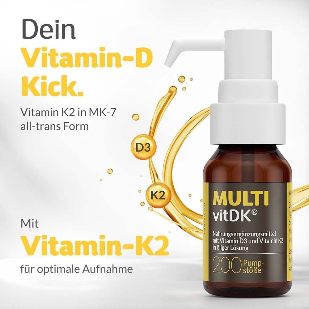 MULTI vitDK® Flasche mit Pumpspender, Vitamin D3 und K2 in MK-7 all-trans Form für optimale Aufnahme.