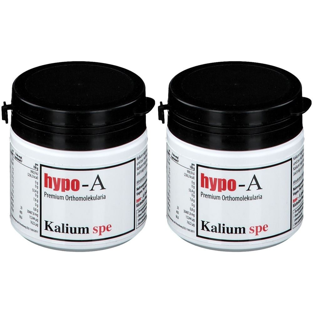 Zwei weiße Dosen mit schwarzem Deckel. Auf den Etiketten steht "hypo-A Kalium spe".