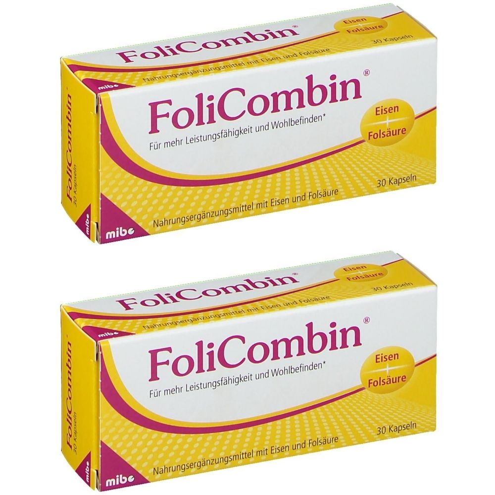 Zwei Schachteln FoliCombin. Aufschrift: Eisen, Folsäure, 30 Kapseln. Gelb, weiß und rot. Nahrungsergänzungsmittel.