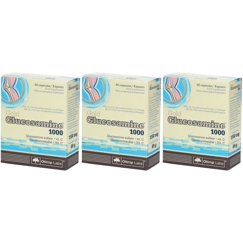 Drei Schachteln mit der Aufschrift "Gold Glucosamin 1000". Auf jeder Schachtel ist das Logo von Olimp Labs abgebildet.