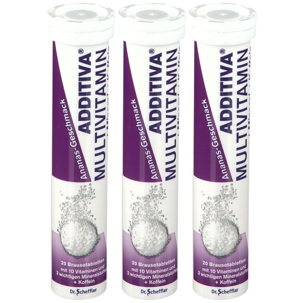Drei zylindrische Röhren. Auf jeder Röhre steht „ADDITIVA Multivitamin“ und „Ananas-Geschmack“. Unten steht „20 Brausetabletten“.