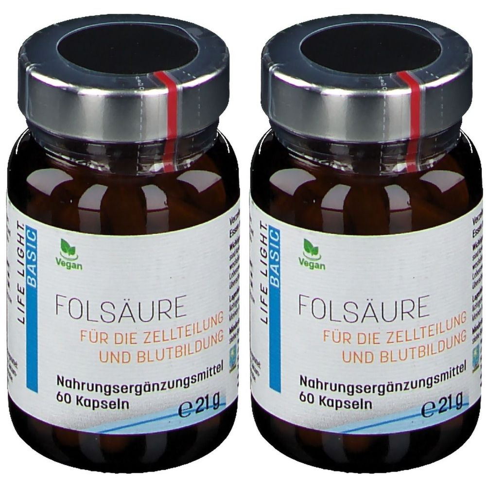 Zwei braune Glasflaschen mit silbernen Deckeln. Auf den Etiketten steht "FOLSÄURE" und "Nahrungsergänzungsmittel".