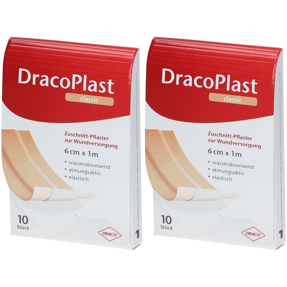 Zwei Packungen Dracoplast Classic Pflaster. Rote und weiße Verpackung. Aufdruck: 6cm x 1m, 10 Stück. Marke: DRACO.