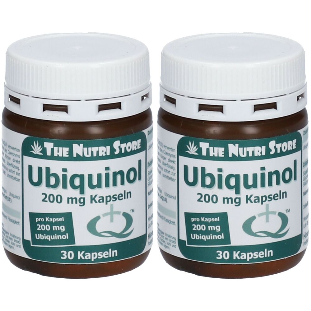 Zwei braune Flaschen mit weißem Deckel. Aufschrift: THE NUTRI STORE Ubiquinol 200 mg Kapseln. 30 Kapseln.