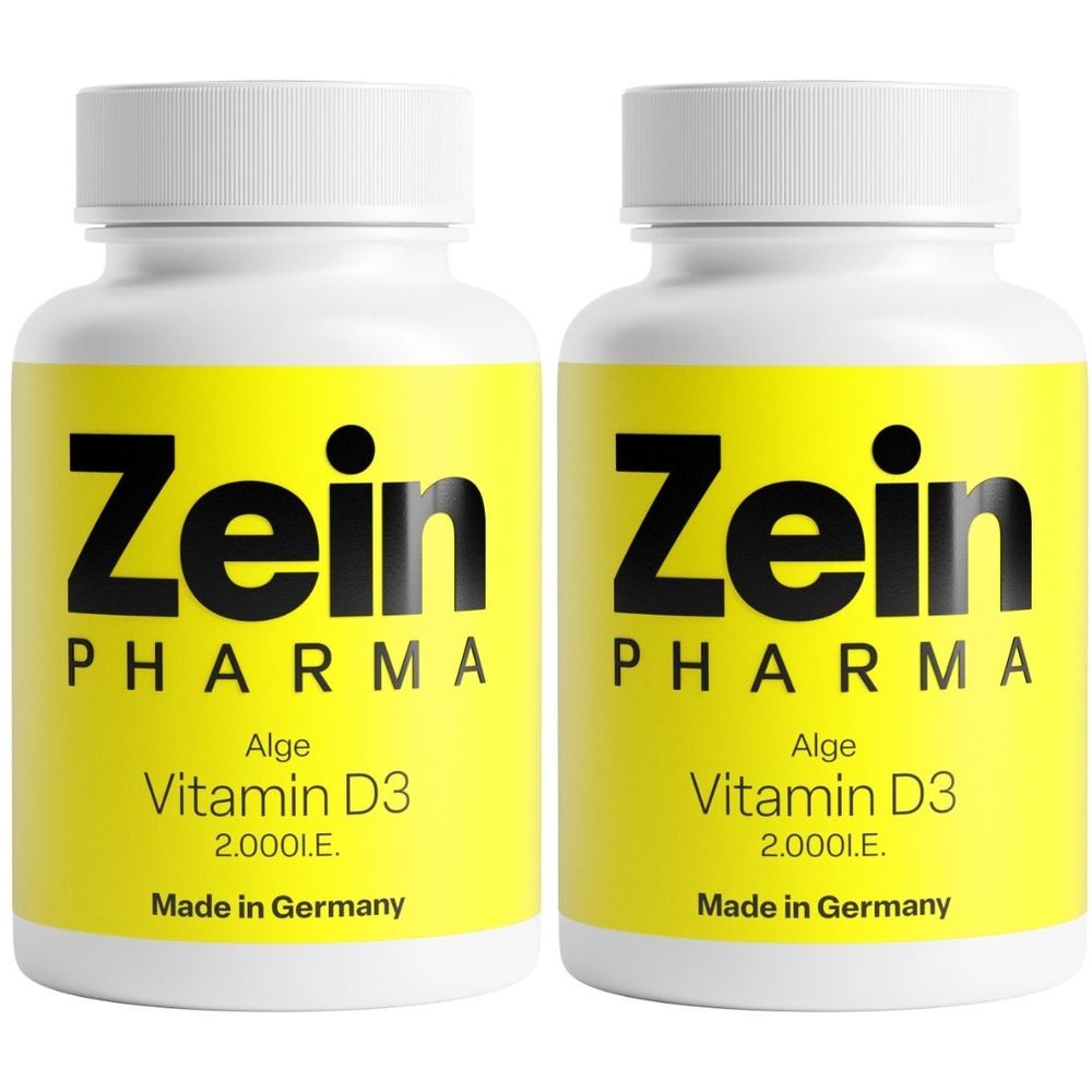 Zwei weiße Flaschen mit gelben Etiketten. Aufschrift: Zein Pharma, Alge Vitamin D3 2.000 I.E., Made in Germany.