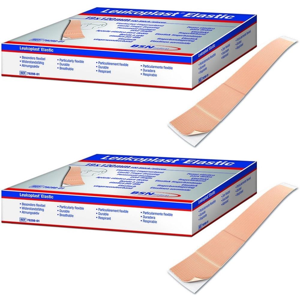 Zwei Packungen Leukoplast® Elastic Fingerstrips und zwei Fingerstrips. Die Packungen sind blau-weiß. Die Fingerstrips sind beige.