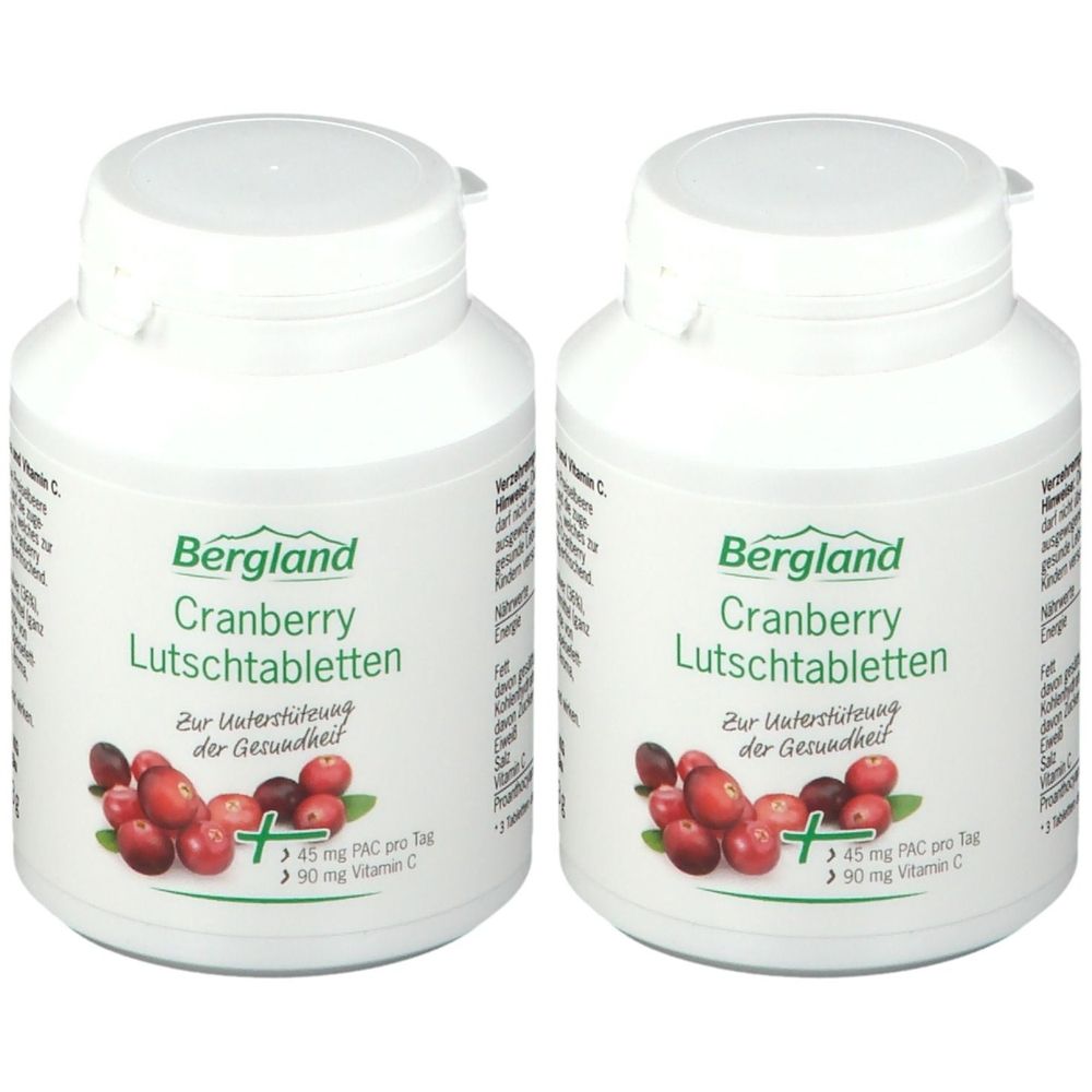 Zwei weiße Flaschen mit Bergland Cranberry Lutschtabletten. Aufschrift: Cranberry Lutschtabletten, 45 mg PAC, 90 mg Vitamin C. Abbildung von Cranberries.