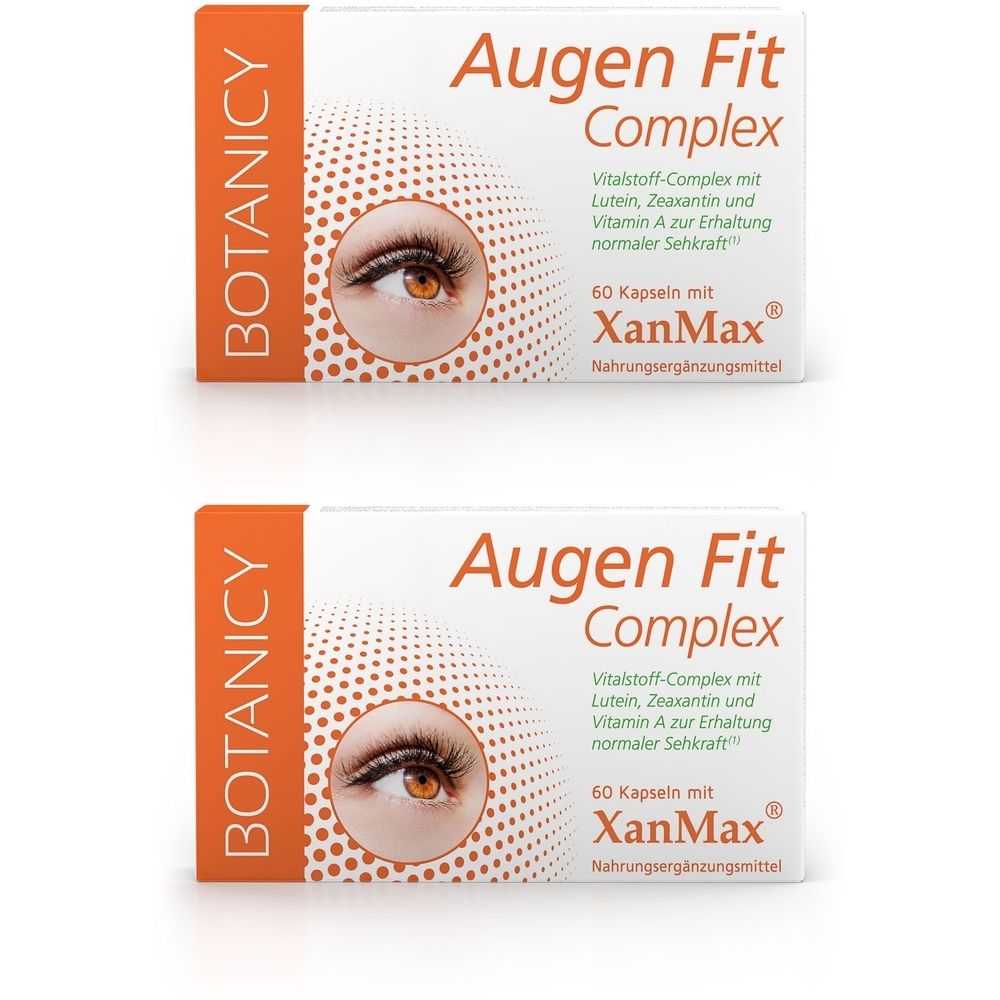 Zwei weiße Schachteln mit "Augen Fit Complex". Orangefarbene Akzente und ein Auge-Design. Enthält 60 Kapseln mit XanMax.