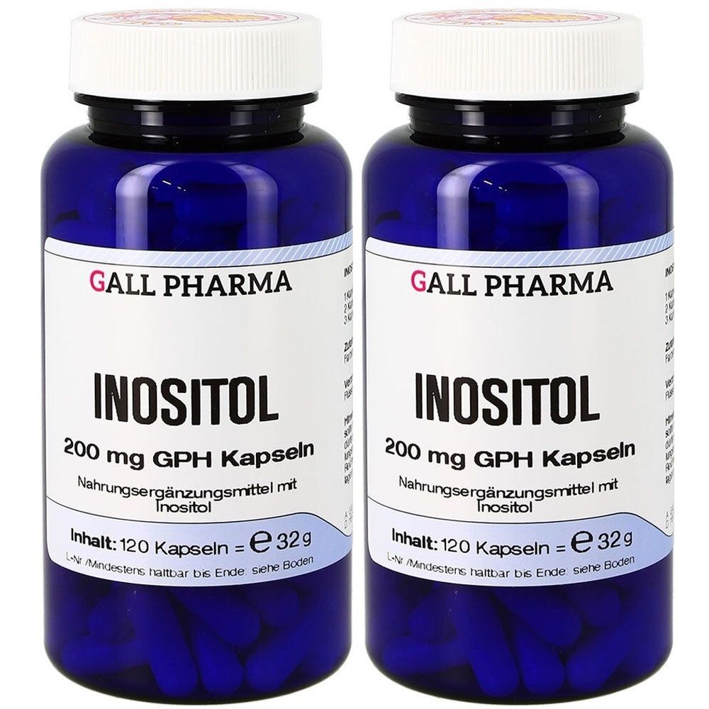 Zwei blaue Flaschen mit weißen Deckeln. Auf den Etiketten steht "GALL PHARMA INOSITOL 200 mg GPH Kapseln". Inhalt: 120 Kapseln.
