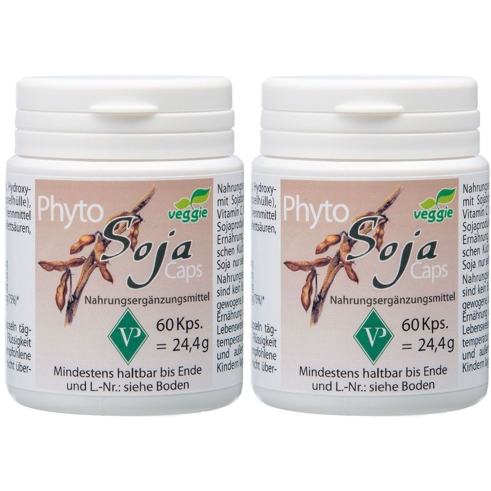 Zwei weiße Behälter mit Deckel. Aufschrift: Phyto Soja Caps. Grün-weißes Logo. Text: Nahrungsergänzungsmittel, 60 Kps. = 24,4g.