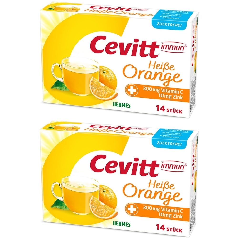 Zwei Packungen Cevitt immun Heiße Orange zuckerfrei. Aufdrucke: 300mg Vitamin C, 10mg Zink, 14 Stück. Hermes Logo.