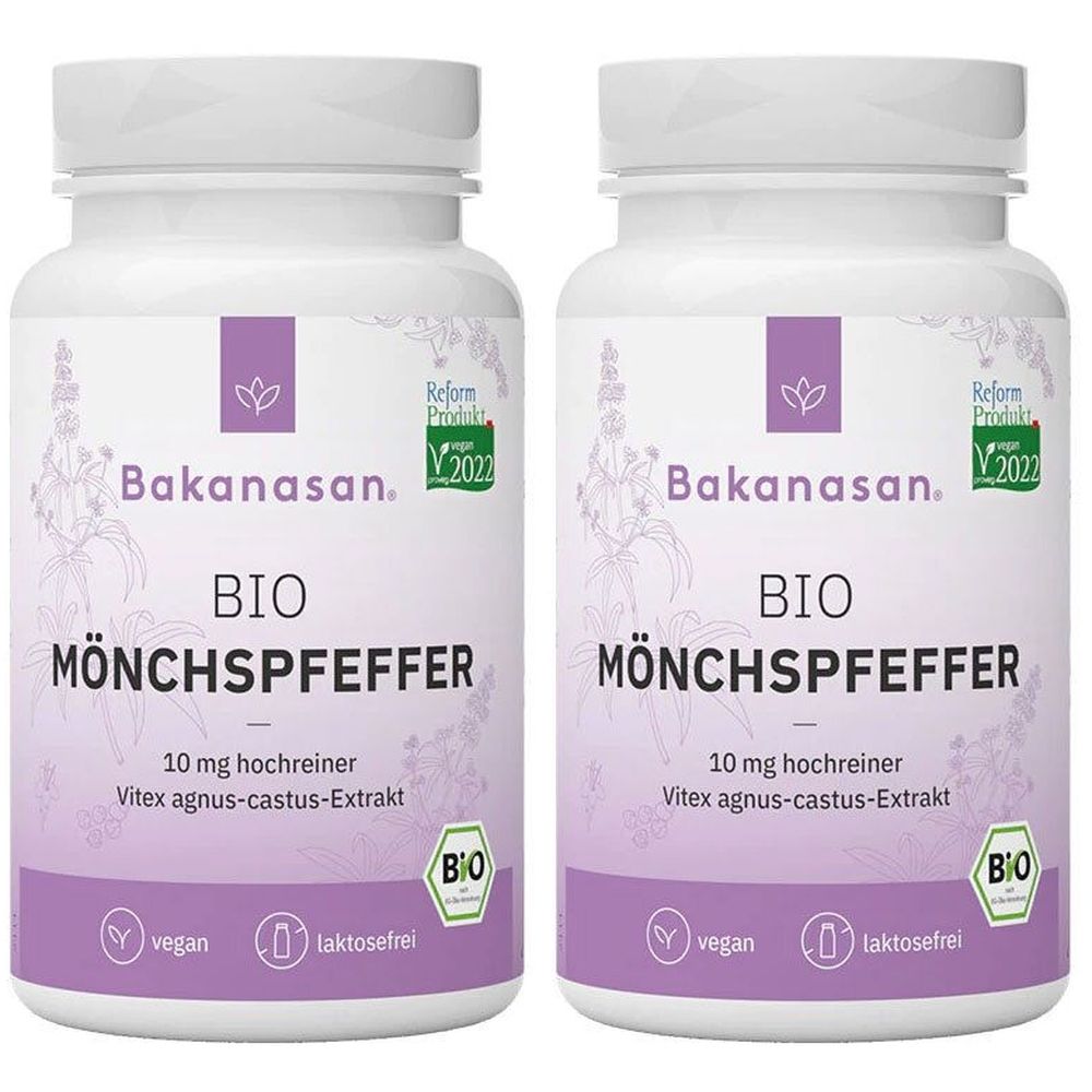 Zwei weiße Flaschen mit lila Etiketten. Aufschrift: Bakanasan BIO MÖNCHSPFEFFER. Enthält 10 mg hochreines Vitex agnus-castus-Extrakt. Vegan.