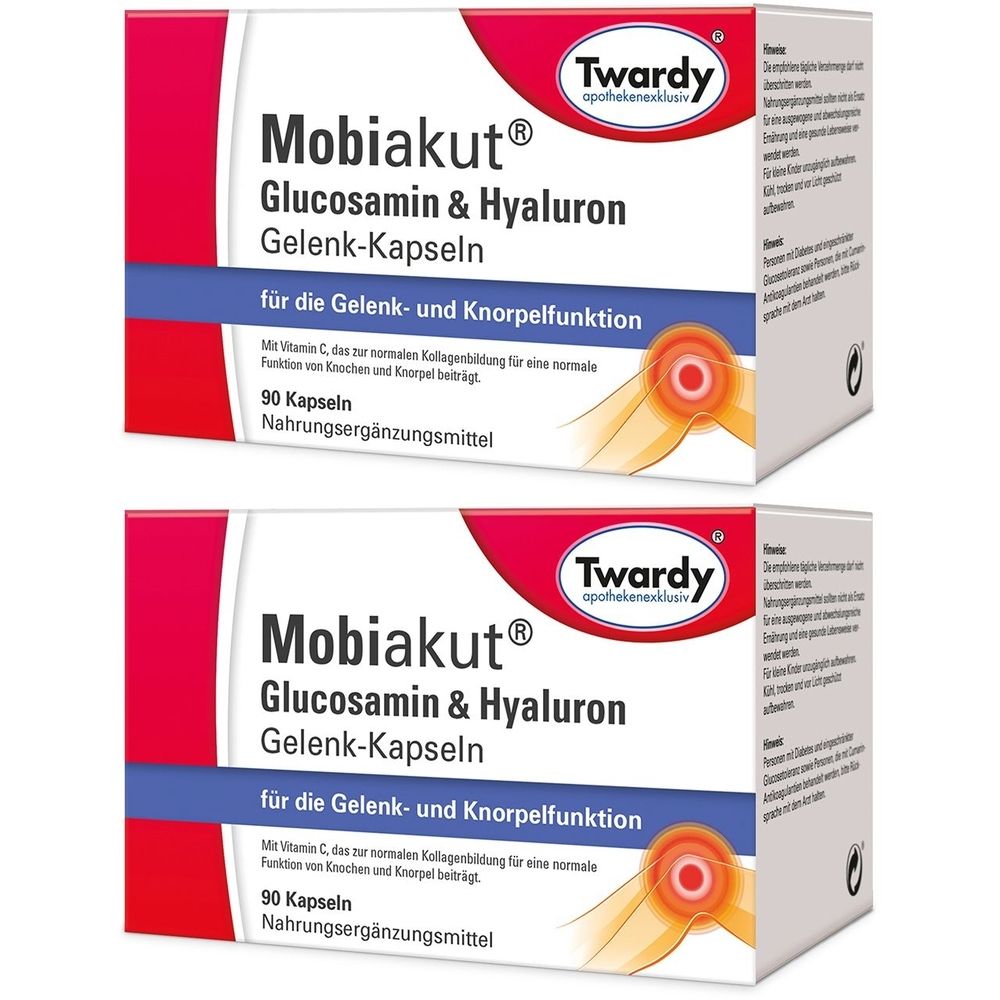 Zwei Packungen Mobiakut Gelenk-Kapseln. Rote und weiße Verpackung mit Produktnamen und Logo. Enthält 90 Kapseln.