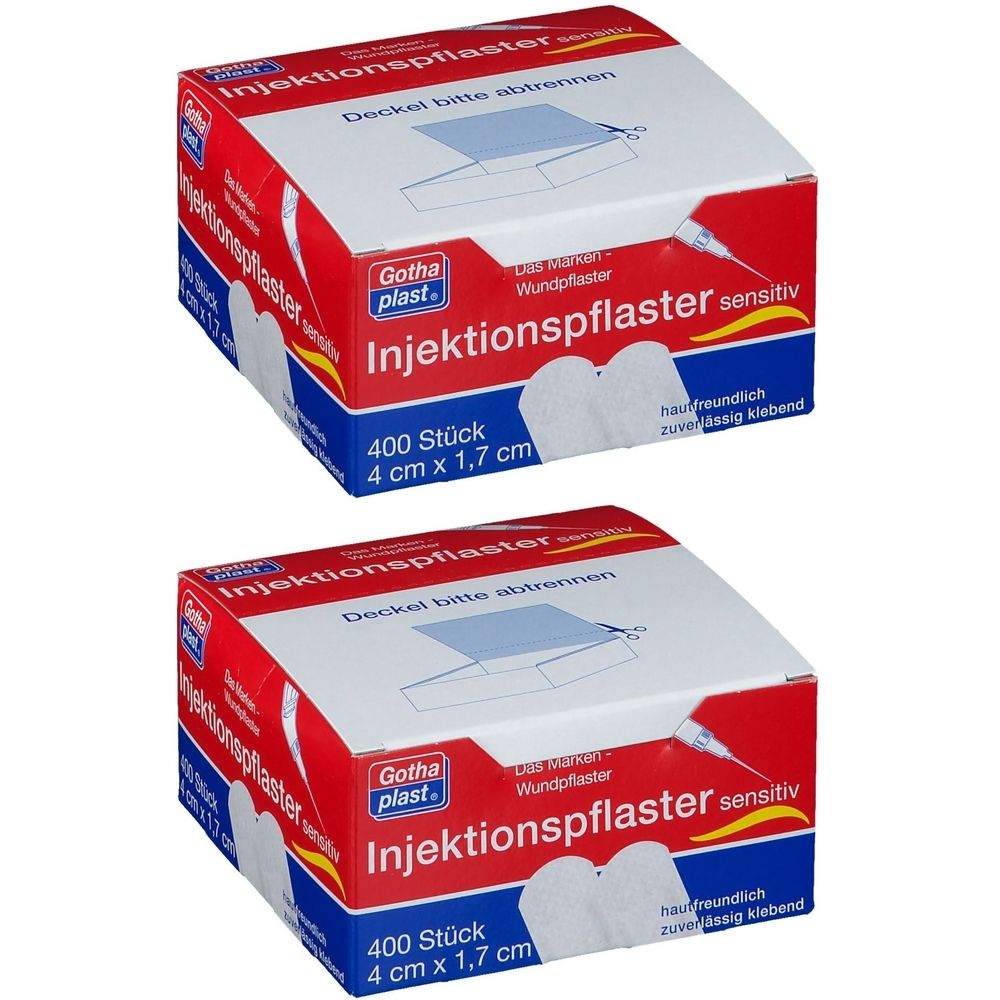 Zwei Packungen Injektionspflaster sensitiv. Rote und weiße Verpackung mit Produktinformationen und Logo. 400 Stück, 4 cm x 1,7 cm.