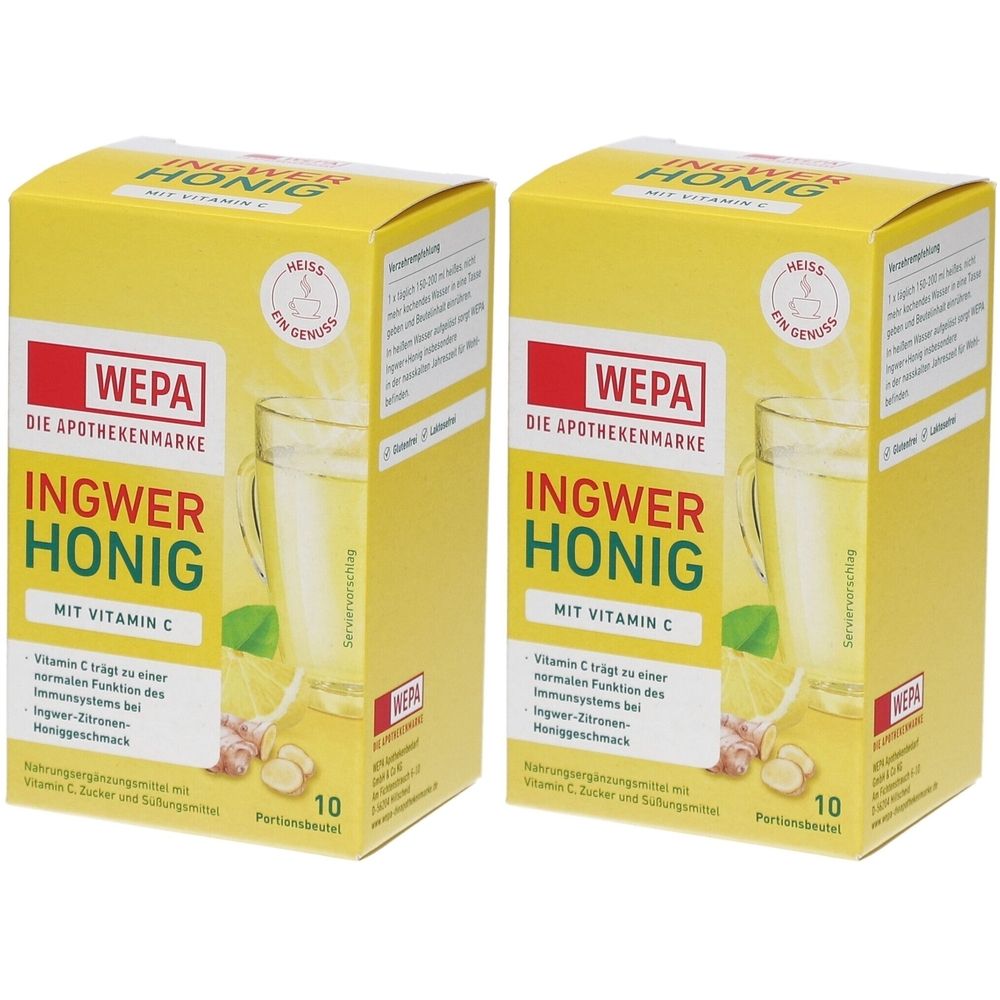 Zwei gelbe Kartons mit Aufdruck. Aufschrift: Ingwer Honig mit Vitamin C. Marke: WEPA. Abbildung eines Getränks im Glas.