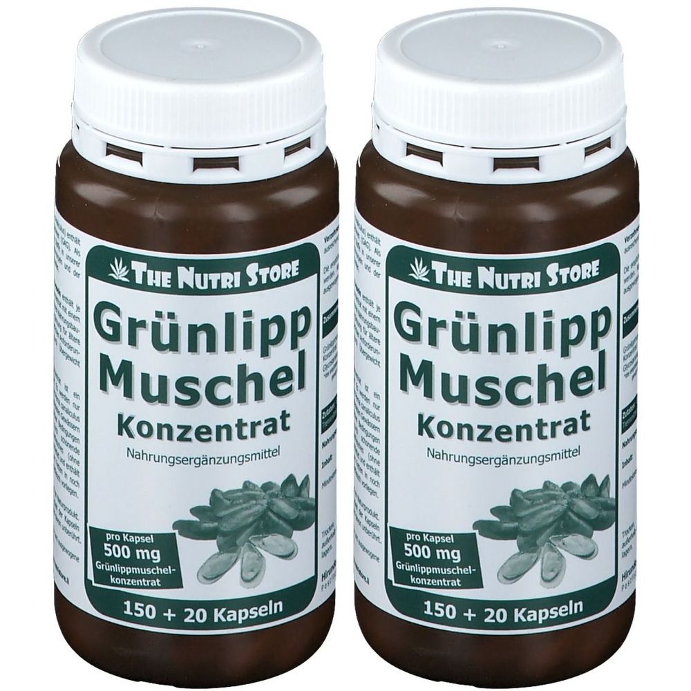 Zwei braune Flaschen mit weißem Deckel. Auf dem Etikett steht "Grünlipp Muschel Konzentrat". Marke: The Nutri Store. Enthält Kapseln.