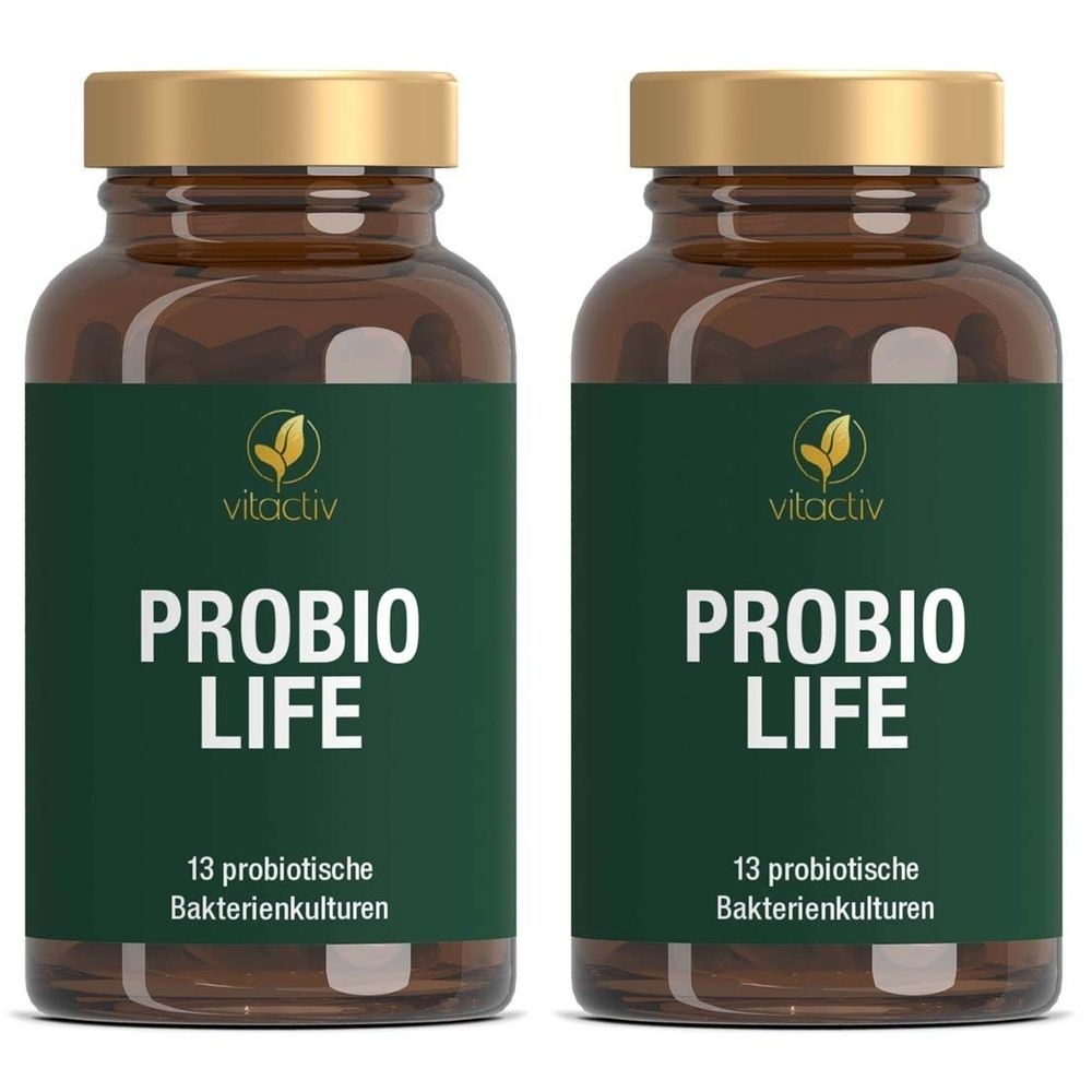 Zwei braune Flaschen mit goldfarbenen Deckeln. Auf den Etiketten steht "vitactiv PROBIO LIFE" und "13 probiotische Bakterienkulturen".