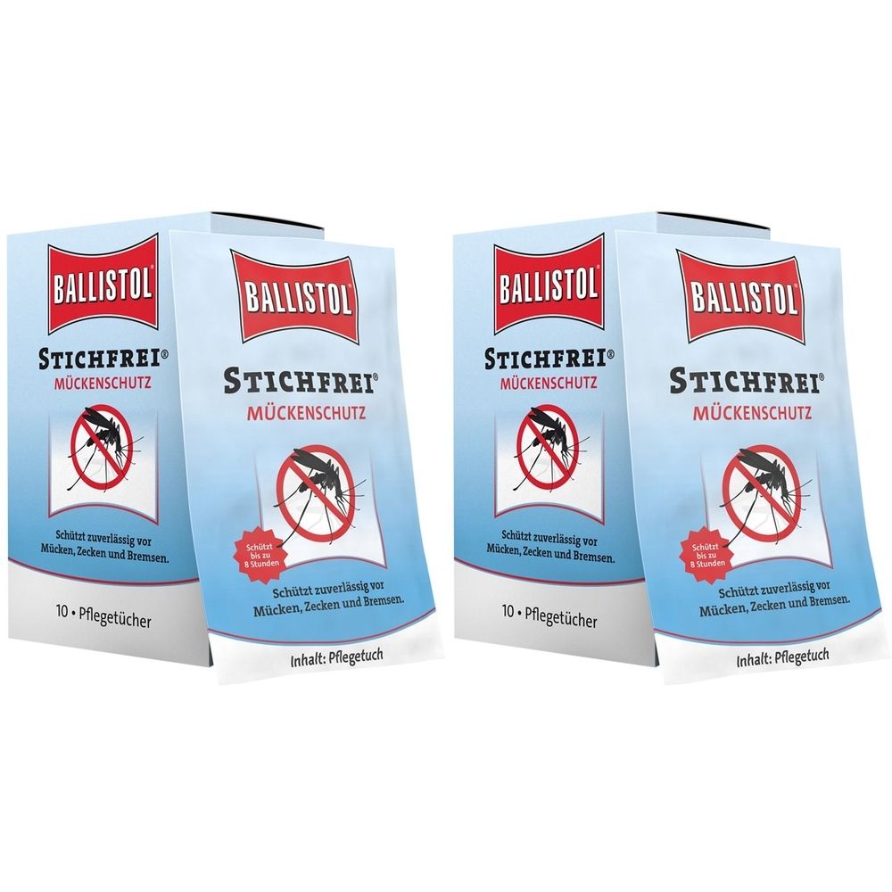 Mehrere Packungen mit der Aufschrift BALLISTOL STICHFREI Mückenschutz. Jede Packung zeigt ein rotes Symbol mit einer Mücke.