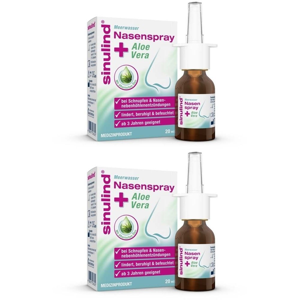 Zwei Flaschen Nasenspray mit Verpackung. Aufschrift: Sinulind Meerwasser Nasenspray + Aloe Vera. Medizinprodukt.
