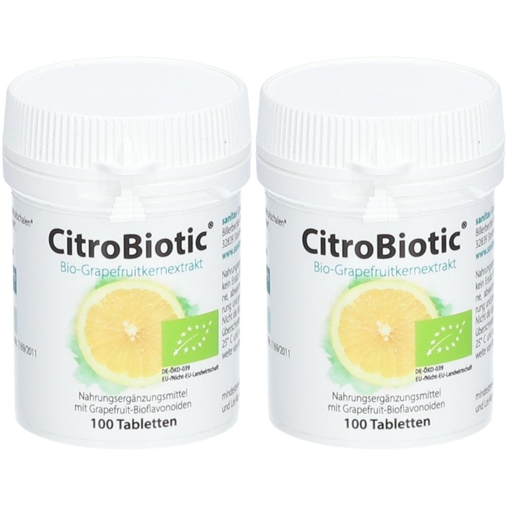 Zwei weiße Behälter mit Deckel. Aufschrift: CitroBiotic, Bio-Grapefruitkernextrakt, 100 Tabletten. Abbildung einer Grapefruit.
