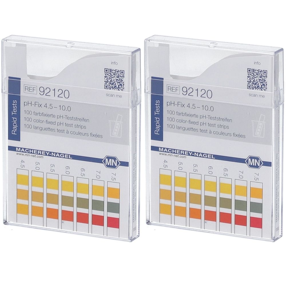 Zwei Packungen pH-Fix Teststreifen. Klare Kunststoffboxen mit farbigen Skalen und Text. Marke: MACHEREY-NAGEL.