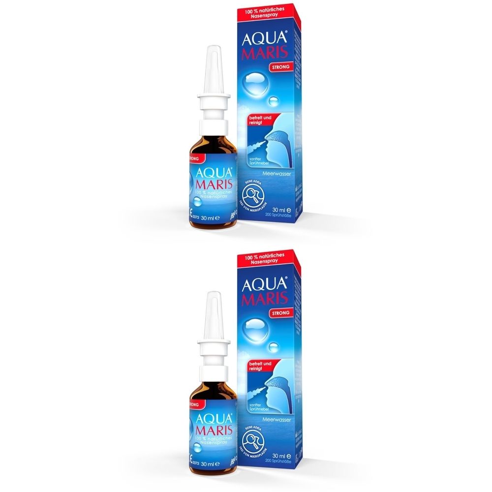 Nasenspray-Flasche und Verpackung. Flasche mit Sprühkopf, braunes Glas. Verpackung blau-rot mit Produktnamen und Illustration.