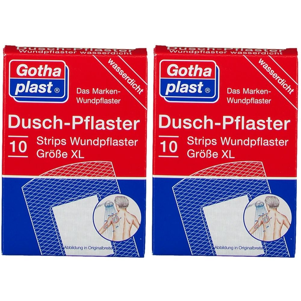 Zwei Packungen Gothaplast Dusch-Pflaster. Rote Verpackung mit weißer Schrift. Enthält 10 Strips, Größe XL. Wasserdicht.