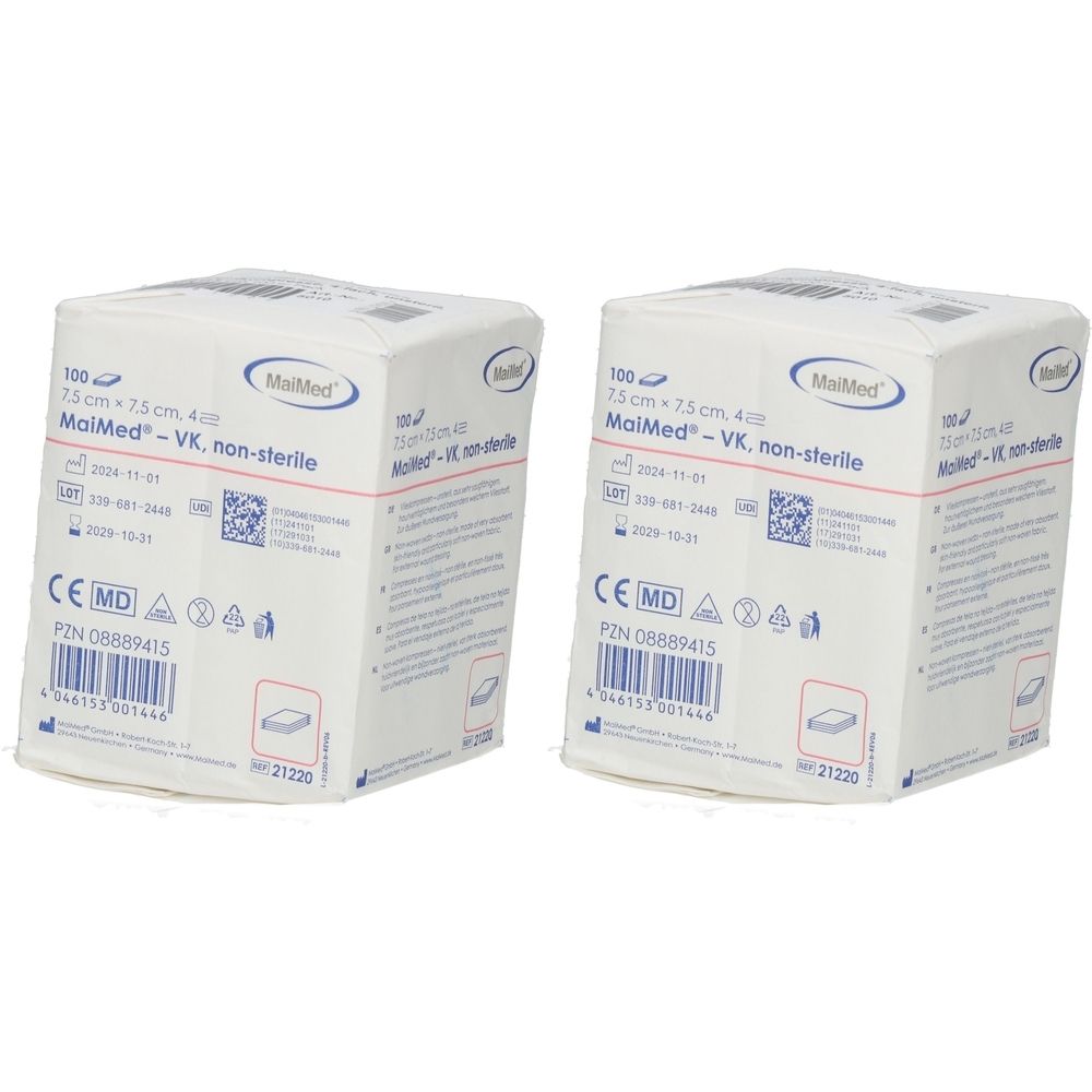 Zwei quadratische Verpackungen mit Kompressen. Aufdrucke: MaiMed, 7,5 x 7,5 cm, non-sterile, CE-Kennzeichnung, PZN-Nummer.