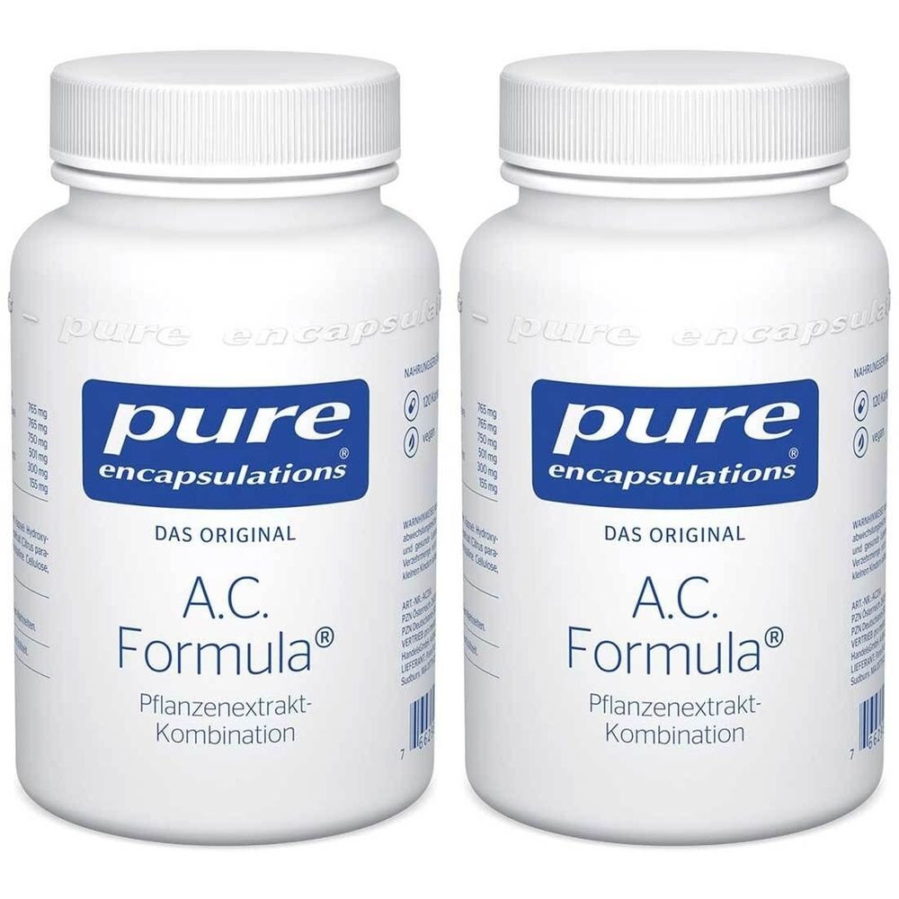 Zwei weiße Flaschen mit Schraubverschluss. Aufschrift: pure encapsulations A.C. Formula. Pflanzenextrakt-Kombination.