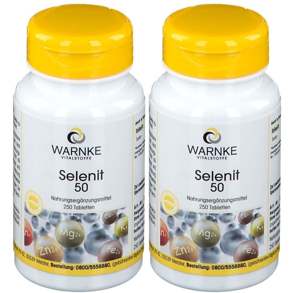 Zwei weiße Flaschen mit gelben Deckeln. Aufschrift: WARNKE Vitalstoffe Selenit 50, Nahrungsergänzungsmittel. 250 Tabletten. Mineralien-Illustrationen.