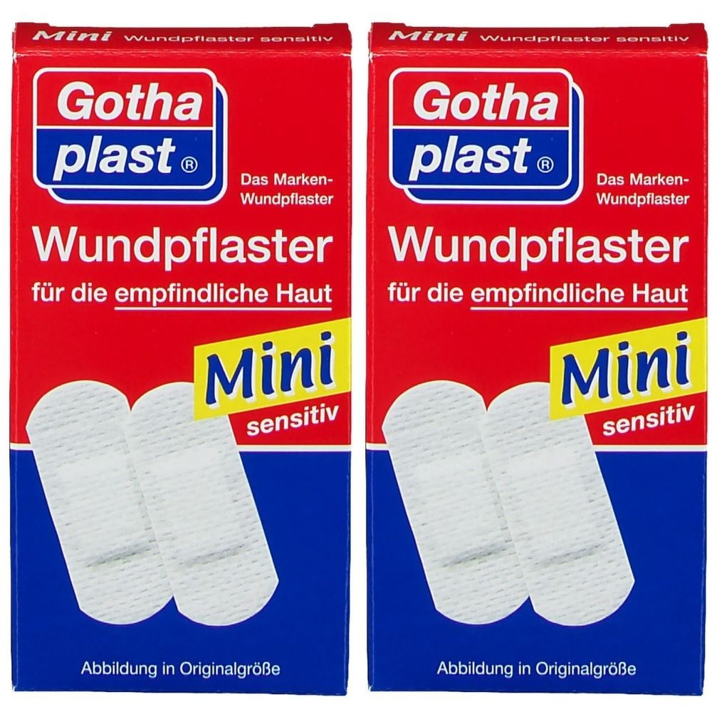 Zwei Packungen Wundpflaster Mini sensitiv. Rote Verpackung mit Produktnamen und Abbildung der Pflaster.