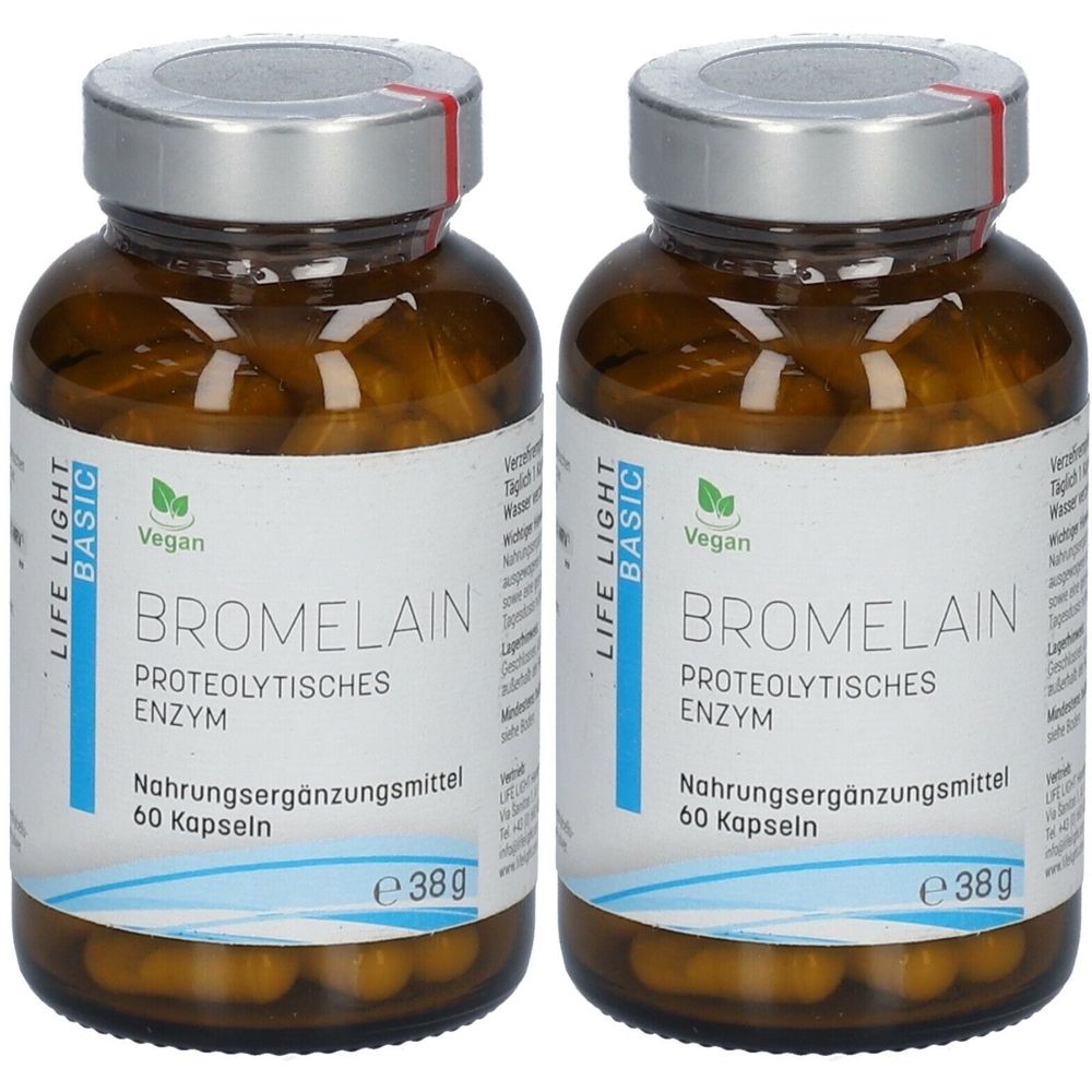 Zwei Flaschen mit braunen Kapseln. Aufschrift: Bromelain, proteolytisches Enzym, Nahrungsergänzungsmittel, 60 Kapseln. Vegan-Siegel.