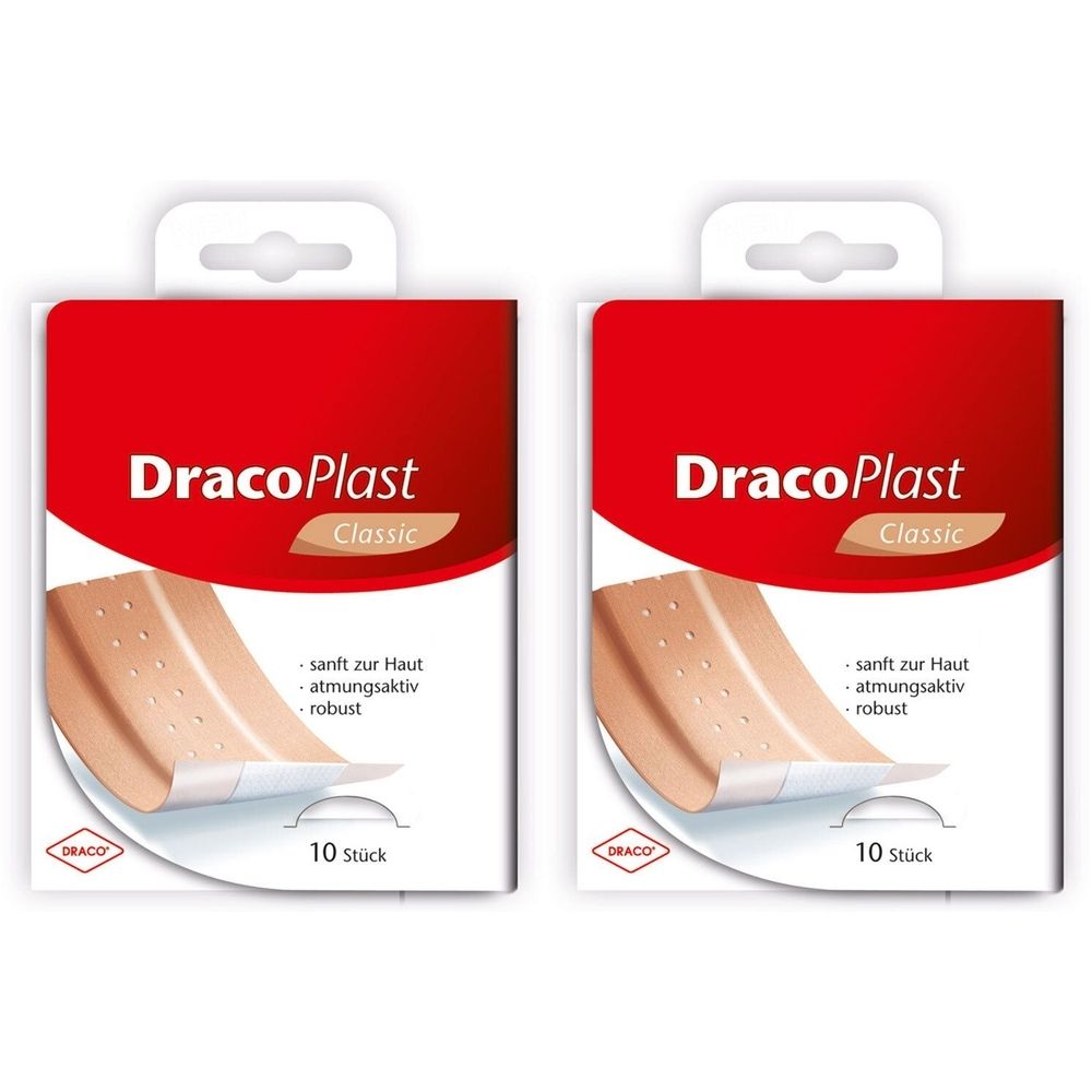 Zwei Packungen Dracoplast Classic Pflaster. Rote Verpackung mit Produktabbildung. Text: sanft zur Haut, atmungsaktiv, robust. 10 Stück.
