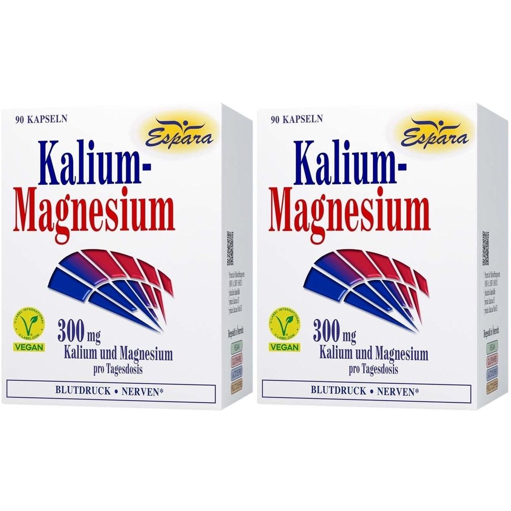 Zwei weiße Kartons mit der Aufschrift "Kalium-Magnesium". Logo "Espara". Vegan-Siegel. Text: 300mg Kalium und Magnesium pro Tagesdosis. 90 Kapseln.