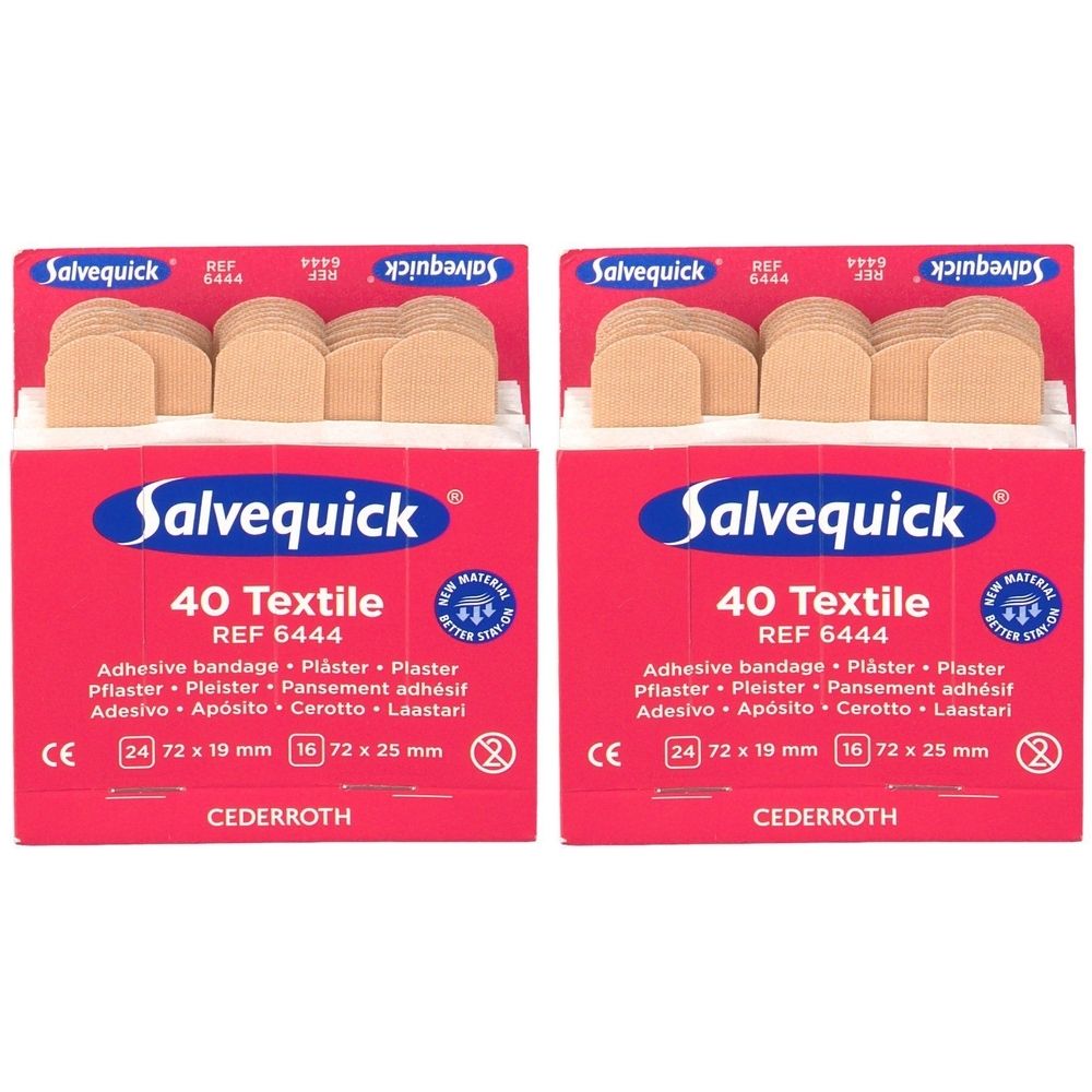 Zwei Packungen Salvequick Pflasterstrips. Rote Kartons mit Pflastern. Text: 40 Textile, REF 6444, 24 Stück 72x19mm, 16 Stück 72x25mm.