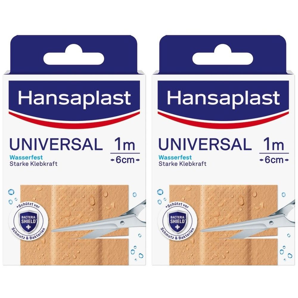 Zwei Packungen Pflaster. Aufschrift: Hansaplast Universal, wasserfest, 1m, -6cm-. Mit Schere und Wassertropfen.