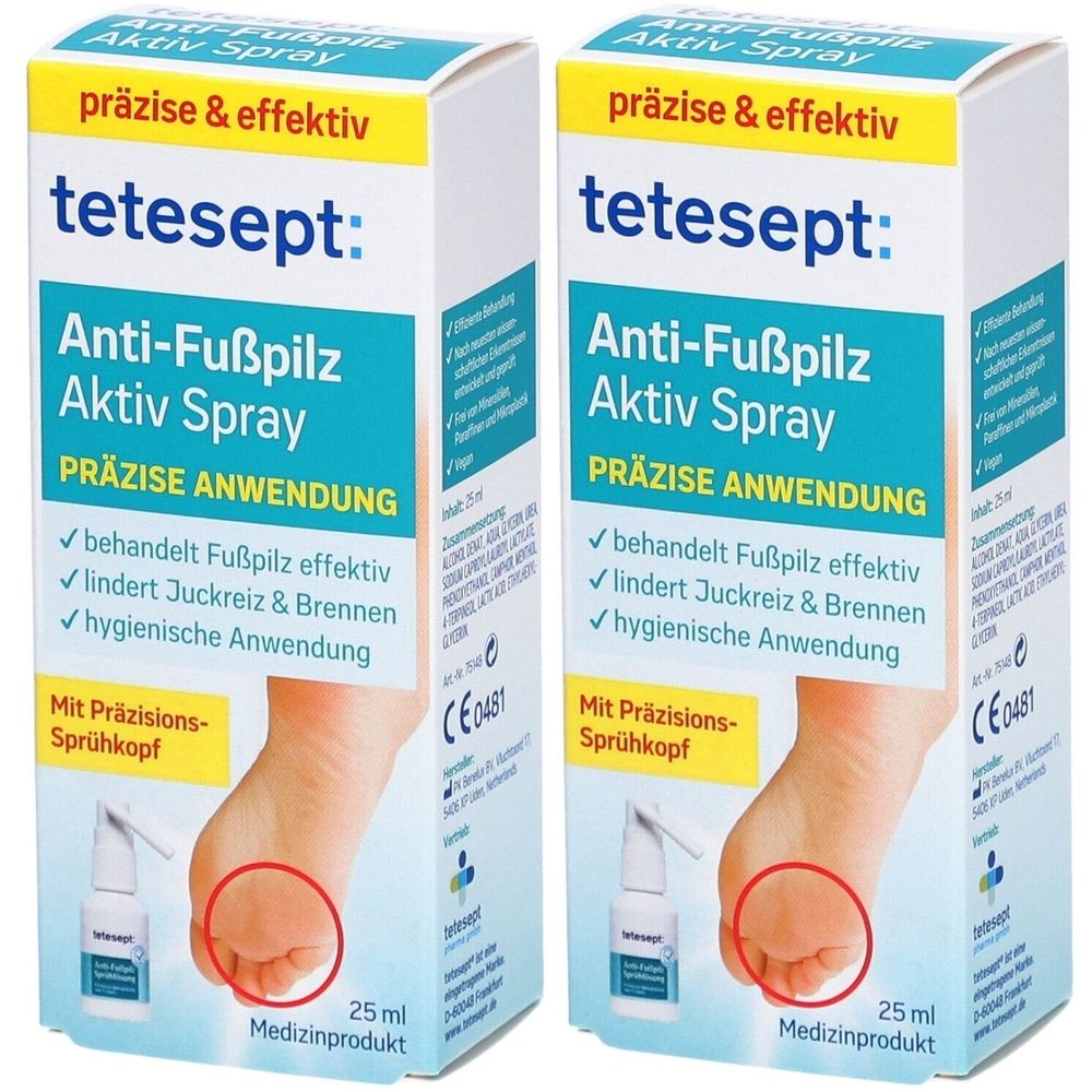 Zwei Packungen tetesept Anti-Fußpilz Aktiv Spray. Weiße Schachteln mit blauer und gelber Schrift. Aufdruck: Anti-Fußpilz Aktiv Spray, Präzise Anwendung.