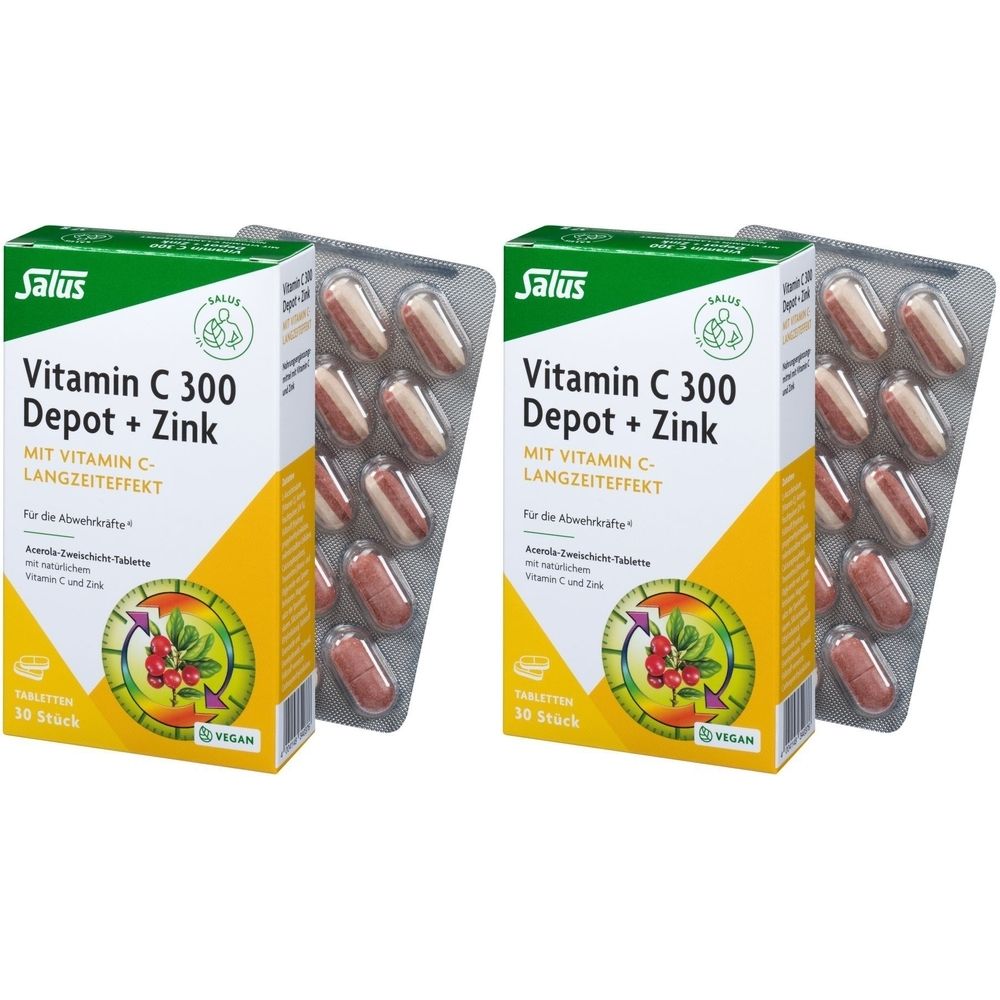 Zwei Packungen Salus Vitamin C 300 Depot + Zink. Jede Packung enthält Tabletten und Blister. Aufdrucke: Vitamin C, Langzeiteffekt, vegan.