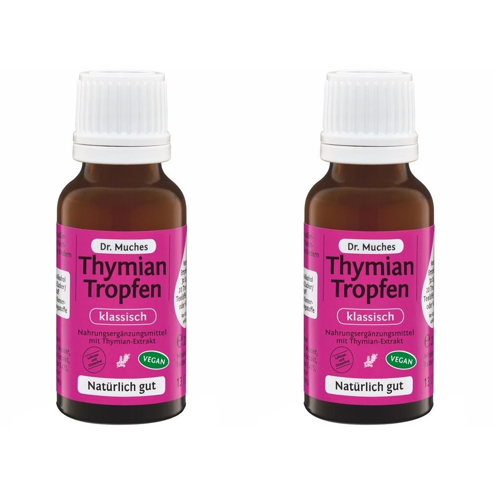 Zwei braune Flaschen mit weißem Verschluss und pinkfarbenem Etikett. Aufschrift: Dr. Muches Thymian Tropfen, klassisch, vegan.