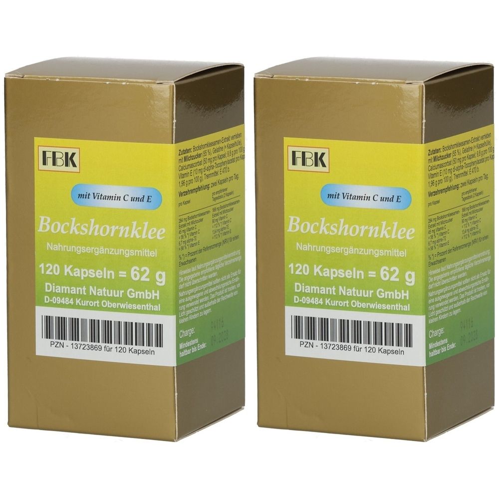 Zwei goldfarbene Kartons mit FBK-Logo und Aufschrift "Bockshornklee". Enthält 120 Kapseln. Mit Vitamin C und E.