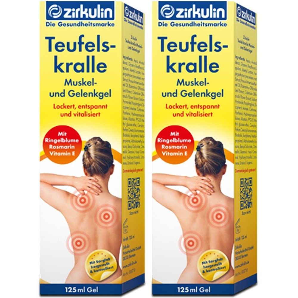 Zwei Packungen Gel. Gelbe Verpackung mit Produktnamen und Inhaltsstoffen. Frau mit roten Kreisen auf dem Rücken.