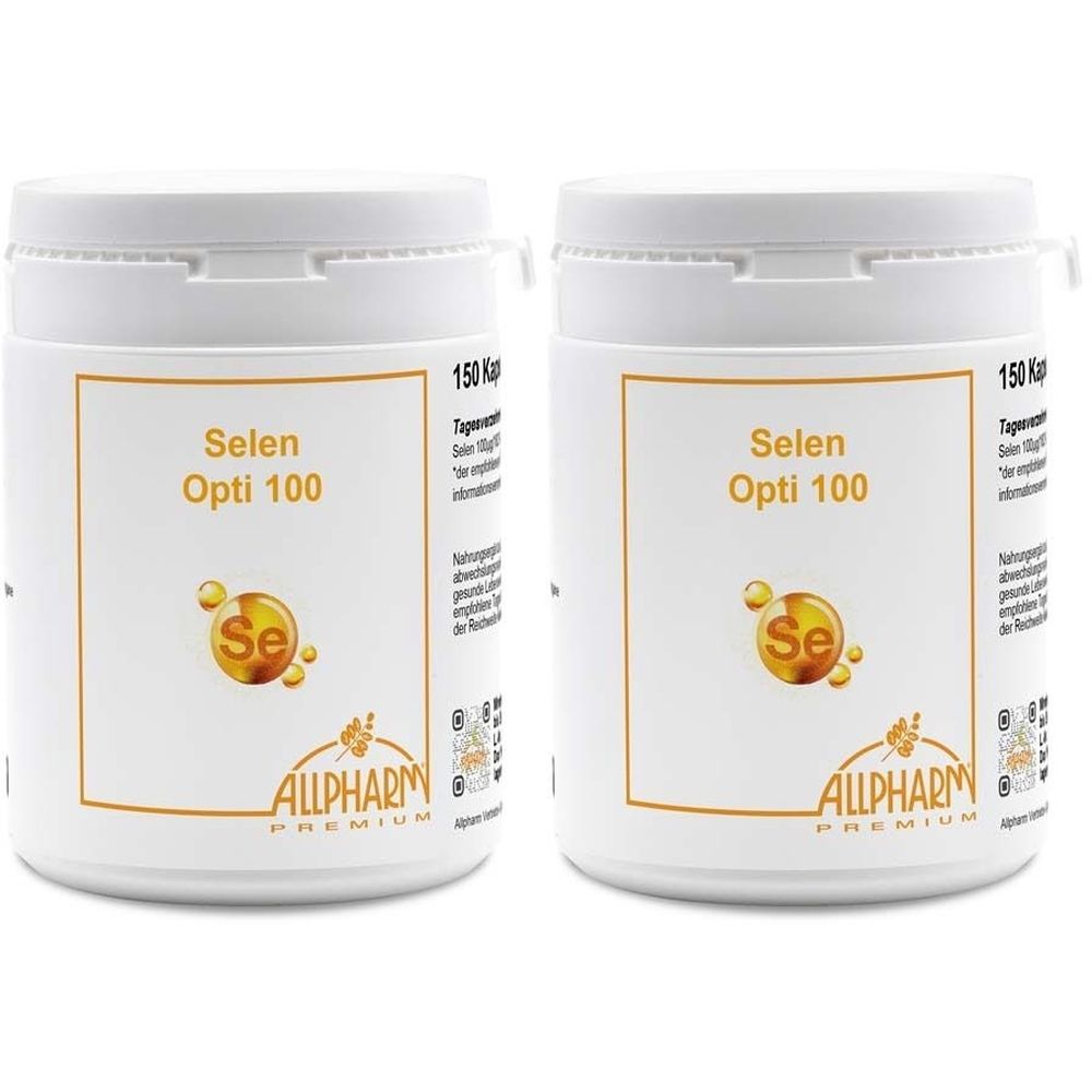 Zwei weiße Behälter mit Deckel. Aufschrift: Selen Opti 100, Logo mit „Se“ und „ALLPHARM PREMIUM“. Etikett mit Text.